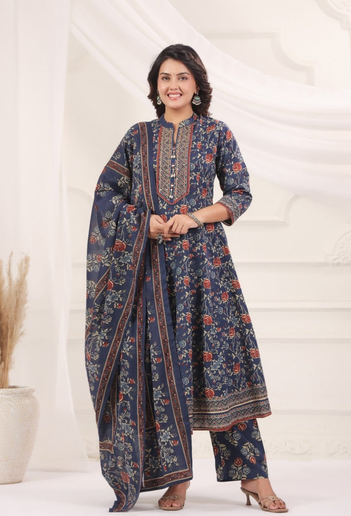 Seema Blue Cotton Anarkali Suit Set