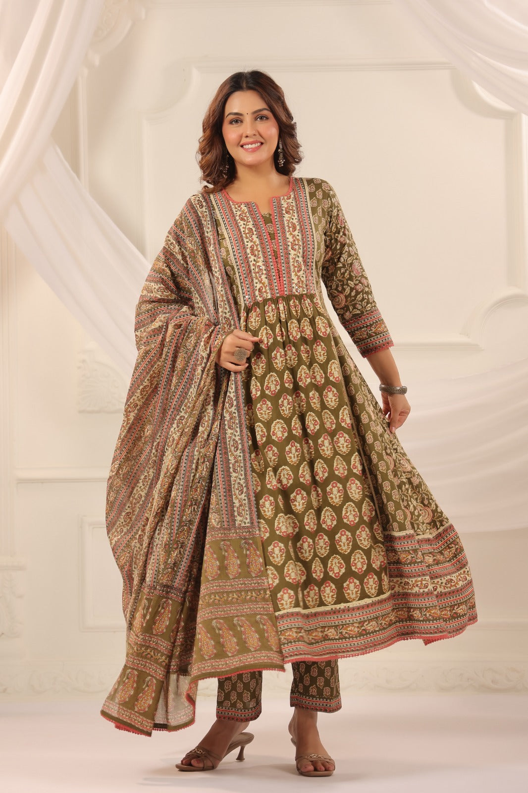 Rajeshwari Mehendi Colour Cotton Anarkali Suit Set For Women