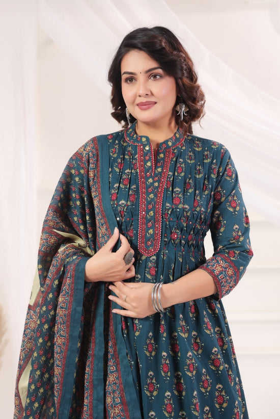 Bhanu Blue Cotton A Line Suit Set With Pockets For Women