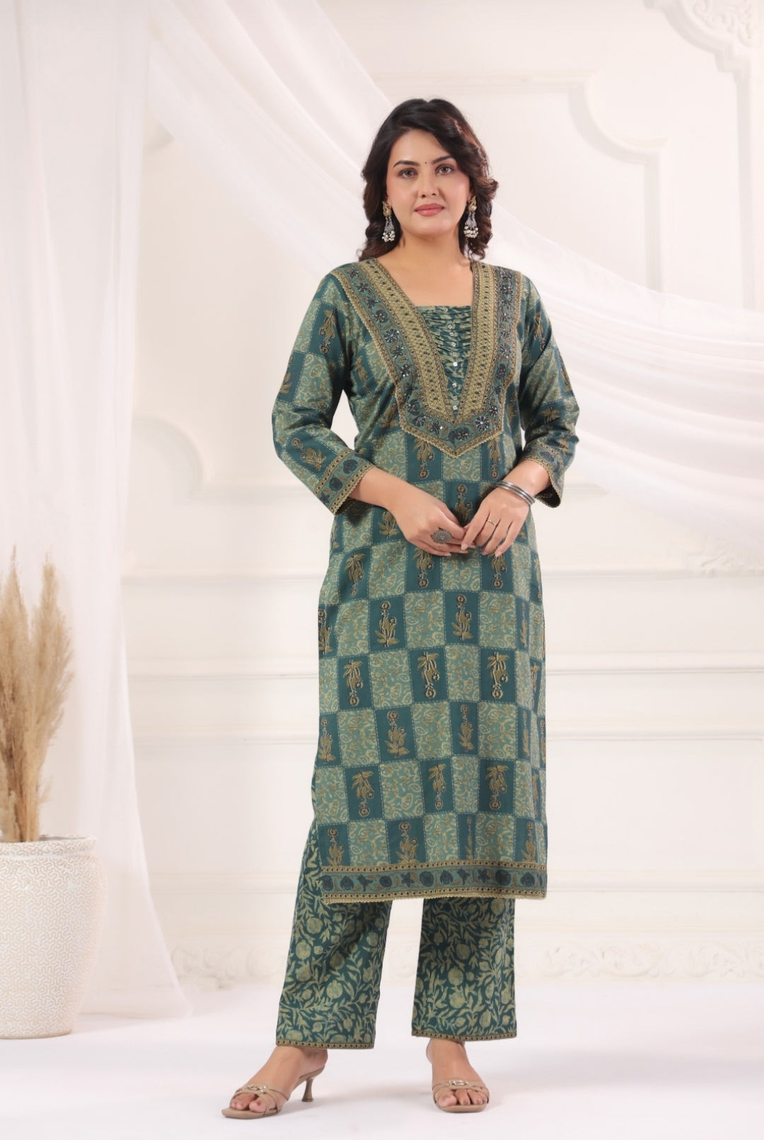 Pranavi Teal Premium Cotton Straight Salwar Suit Set For Women