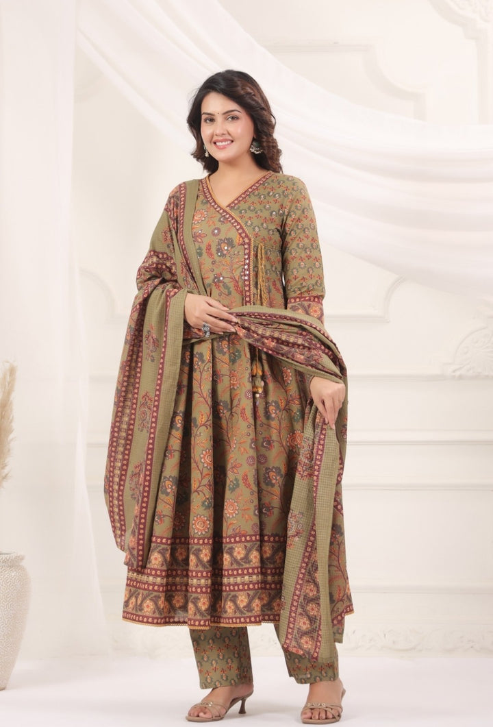 Eshana Olive Green Premium Cotton Anarkali Set With Dupatta