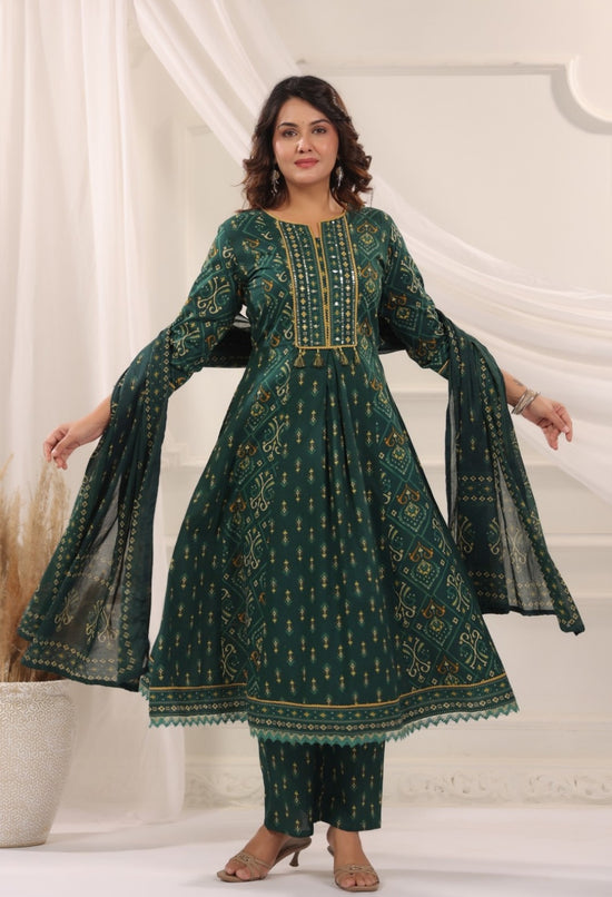 Rani Green Premium Cotton Anarkali Set With Dupatta
