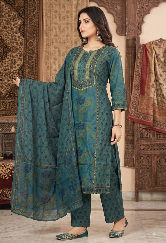 Sarika Teal Blue Cotton Straight Salwar Suit Set For Women