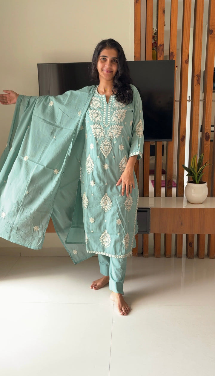 Akshara Turquoise Blue Mul Cotton Lucknowi Embroidery Salwar Suit Set For Women