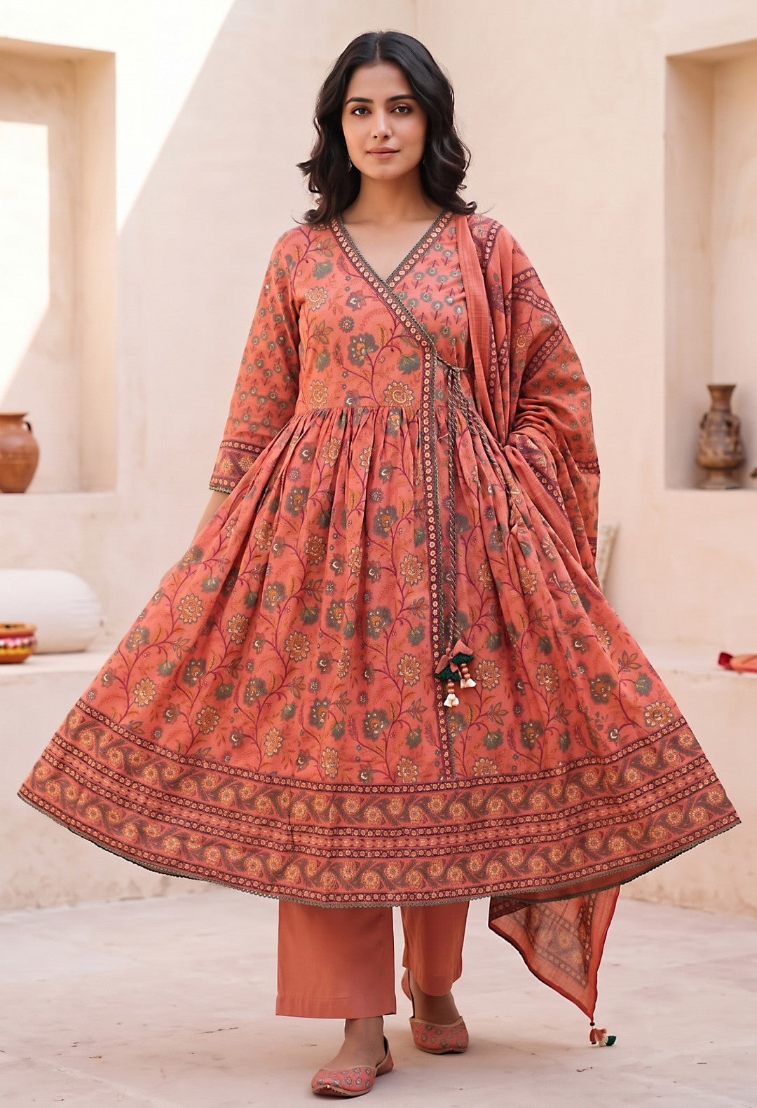 Chaitali Peach Premium Cotton Anarkali Set With Dupatta