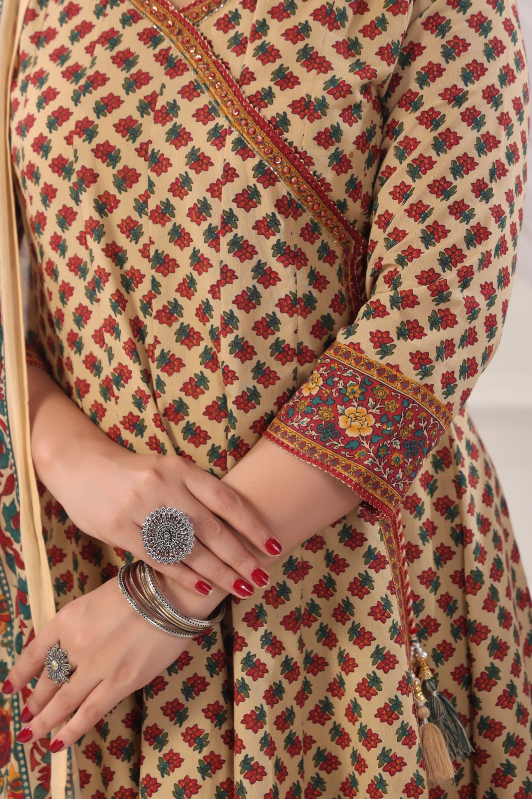 Ramya Beige Maroon Cotton Anarkali Suit Set For Women