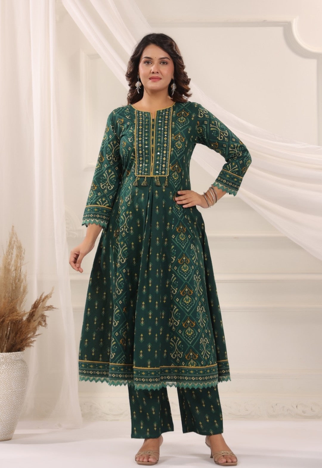 Rani Green Premium Cotton Anarkali Set With Dupatta