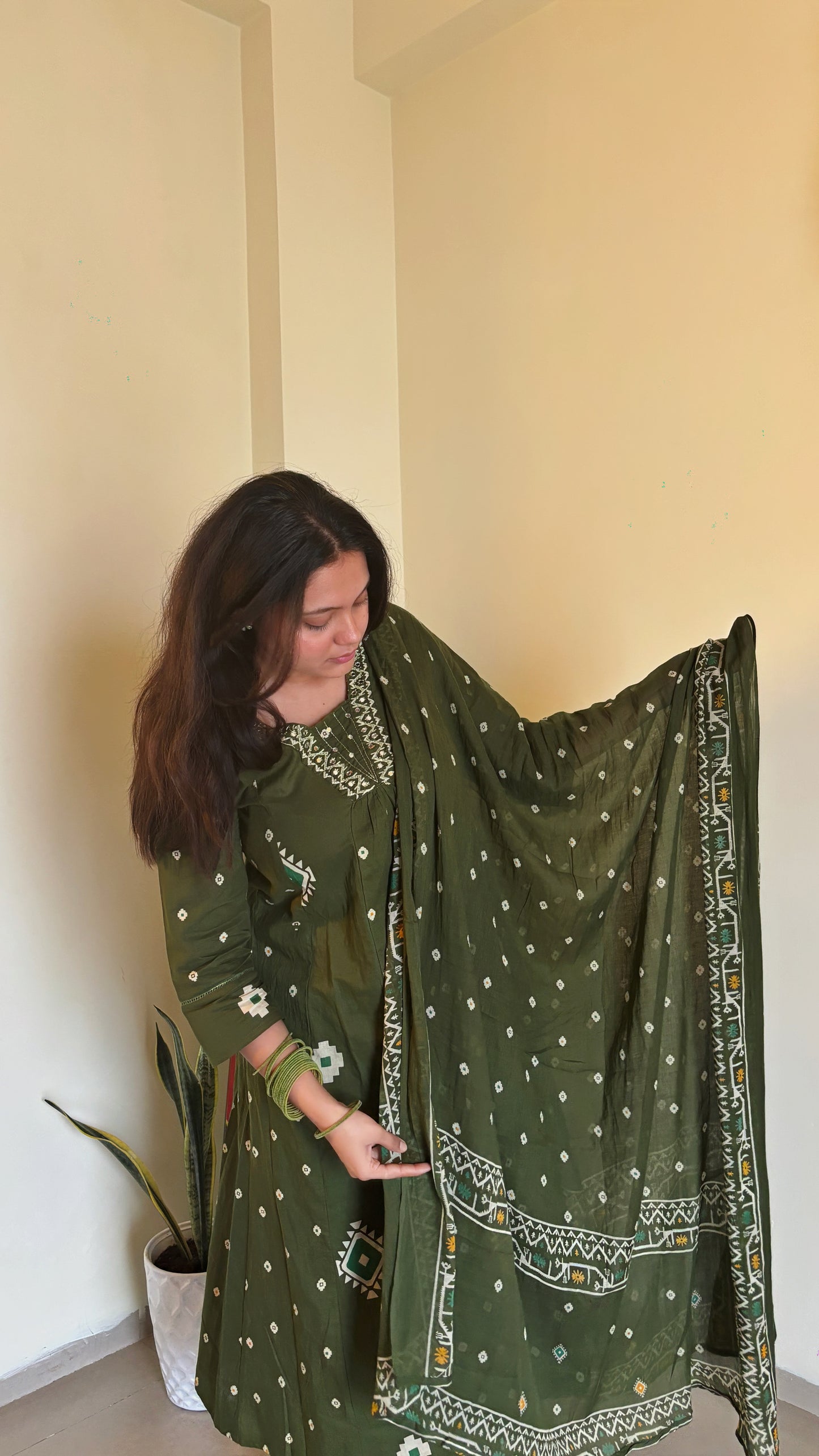 Yami Green Cotton A Line Suit Set