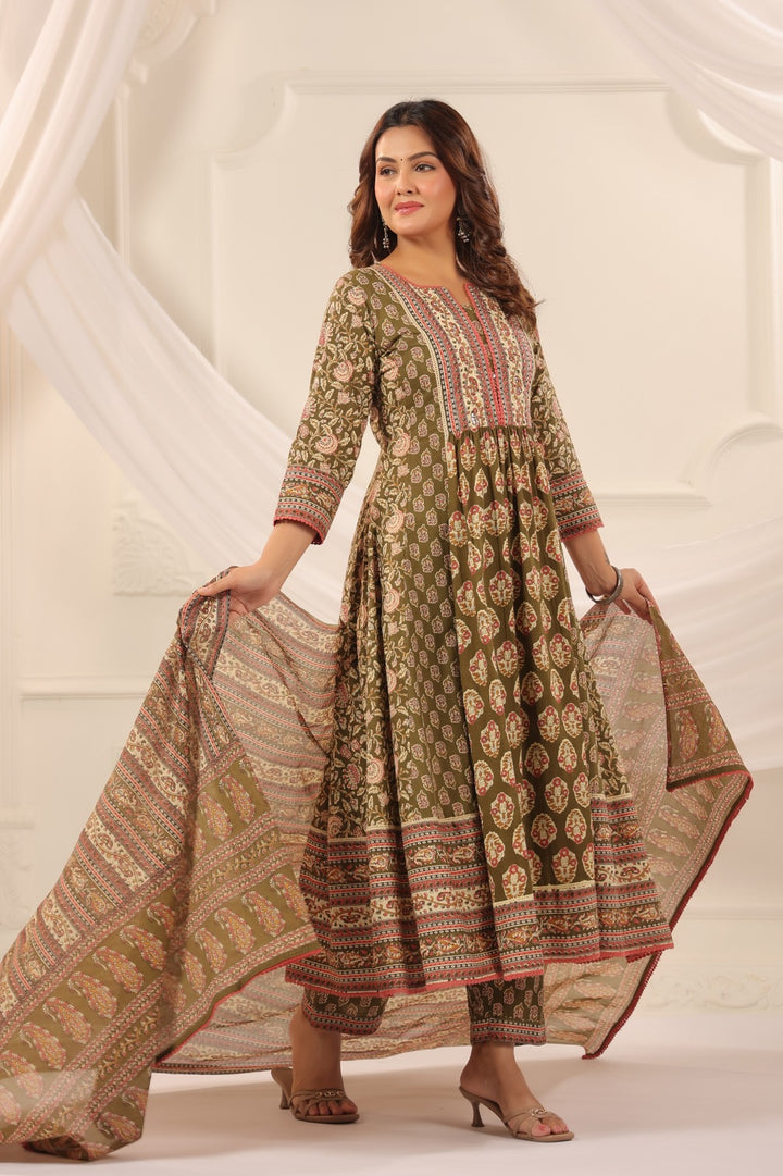 Rajeshwari Mehendi Colour Cotton Anarkali Suit Set For Women