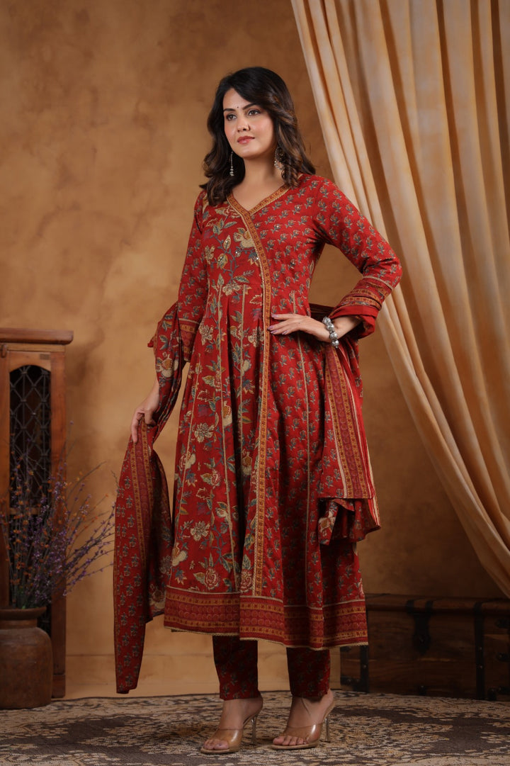 Khwaish Red Cotton Anarkali Set
