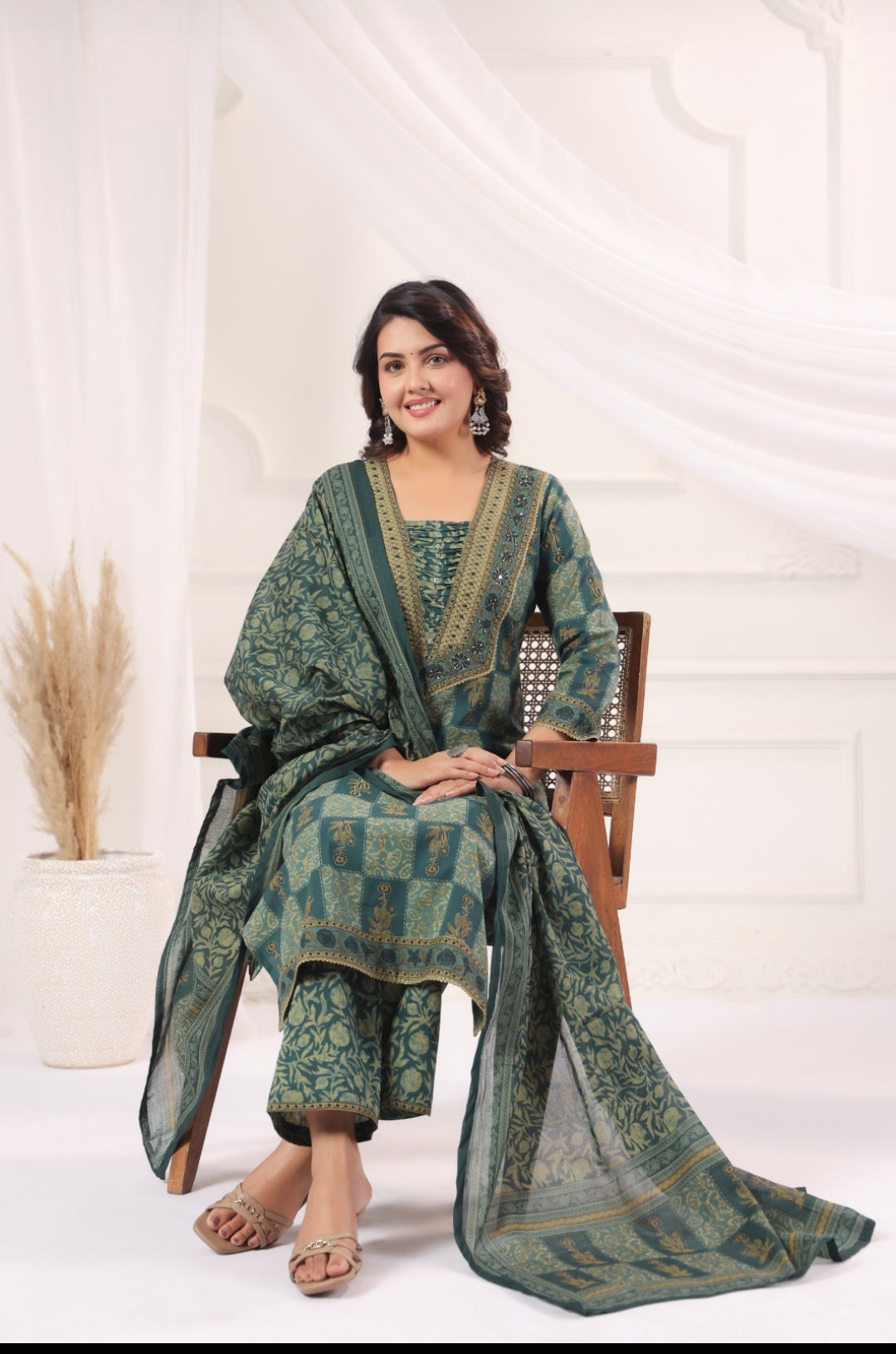 Pranavi Teal Premium Cotton Straight Salwar Suit Set For Women