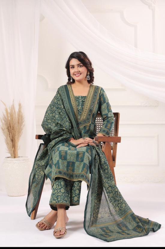 Pranavi Teal Premium Cotton Straight Salwar Suit Set For Women