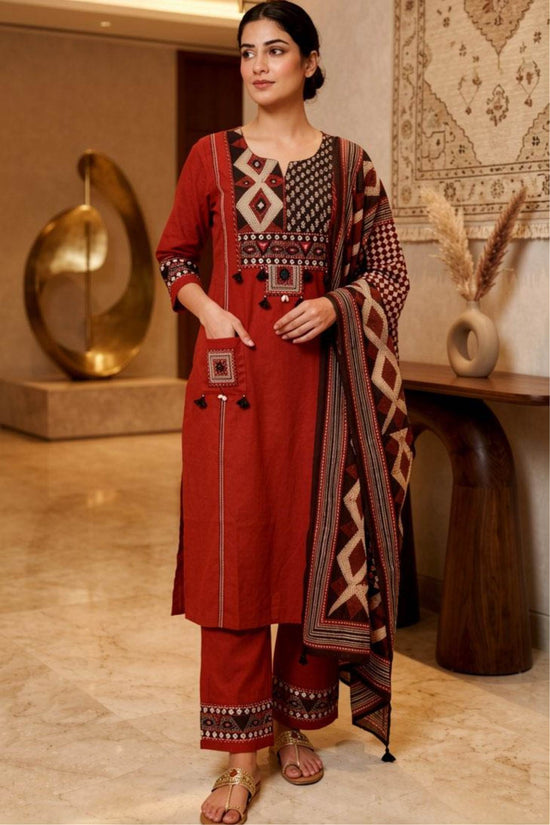 Rina Rust Colour Cotton A Line Suit Set With Pockets For Women