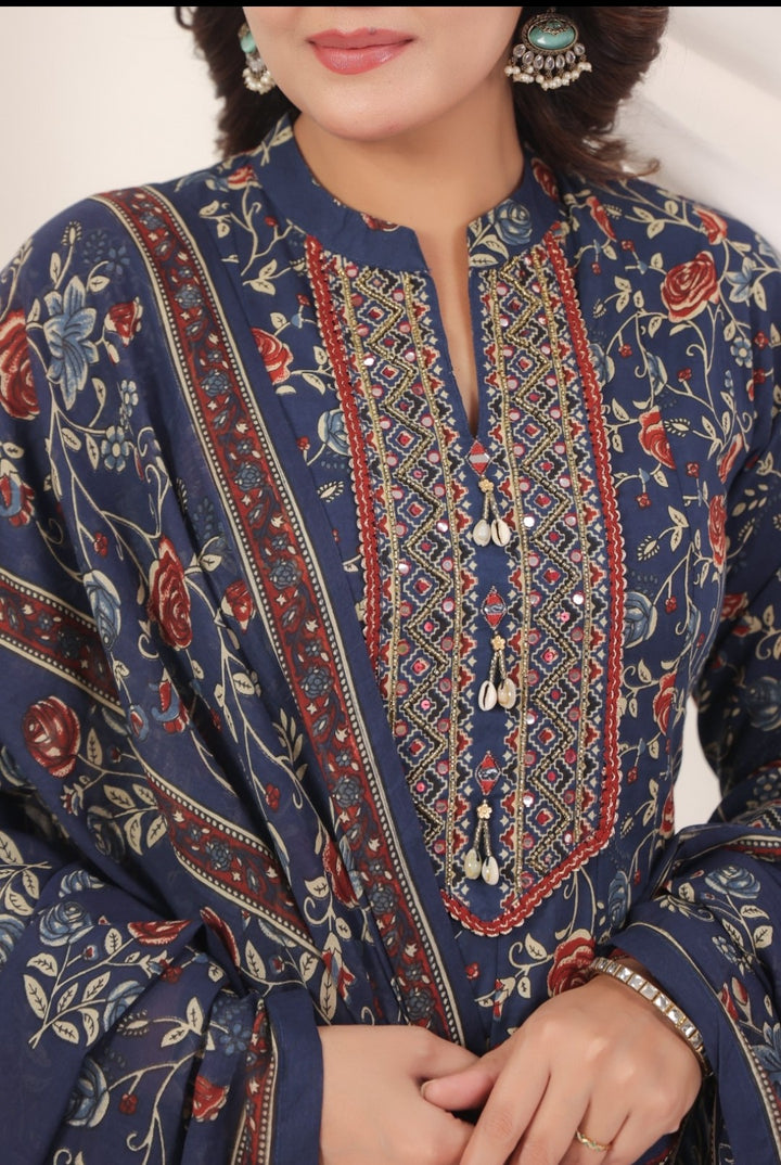 Seema Blue Cotton Anarkali Suit Set