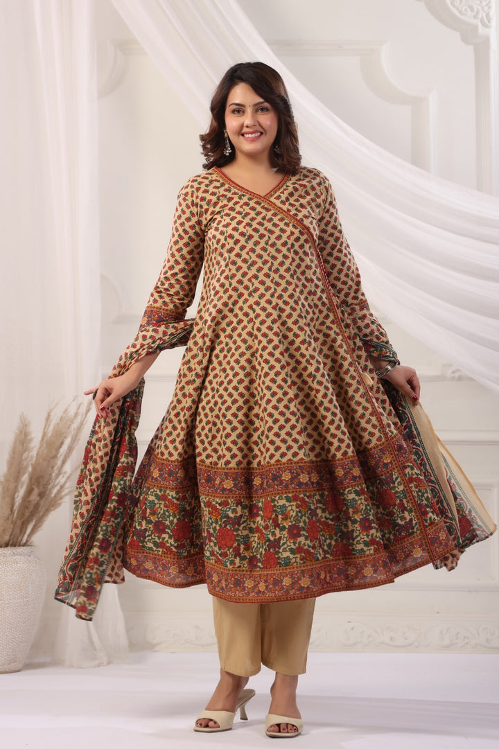 Ramya Beige Maroon Cotton Anarkali Suit Set For Women