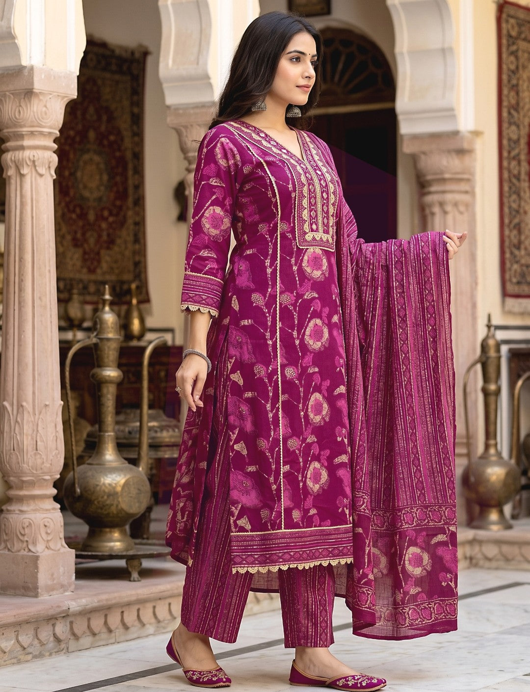 Akshara Wine Cotton Salwar Suit Set For Women