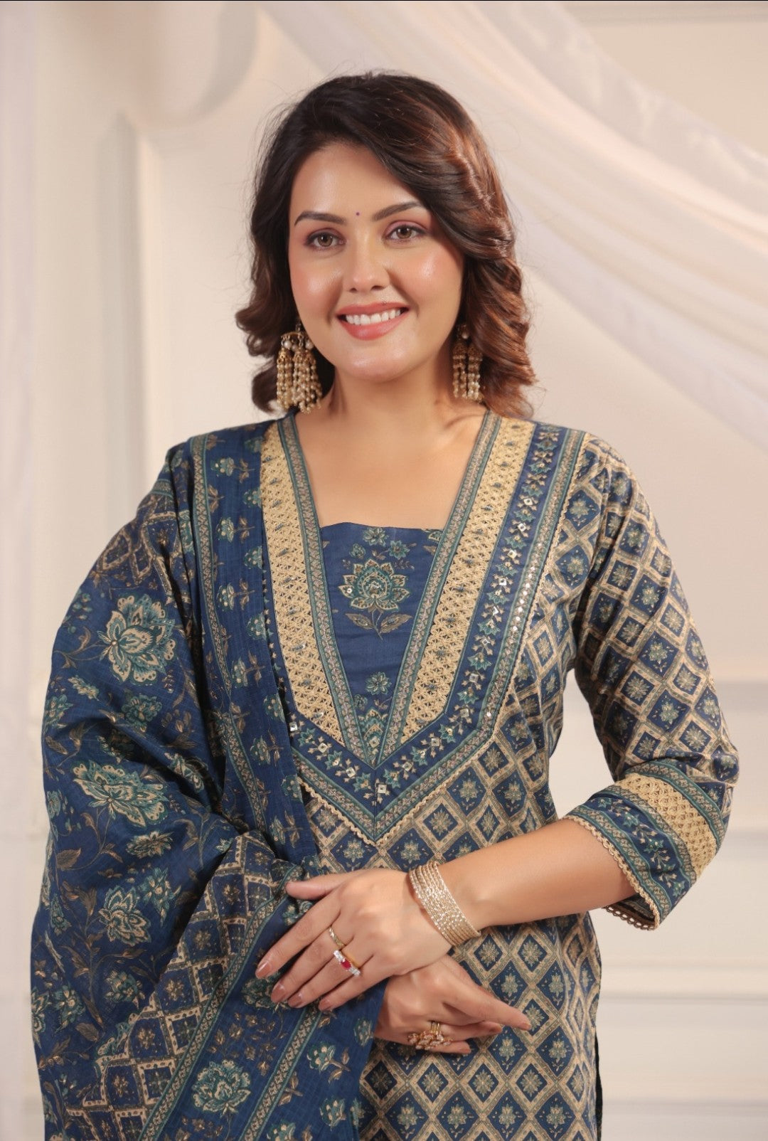 Bhanu Blue Cotton Straight Salwar Suit Set For Women