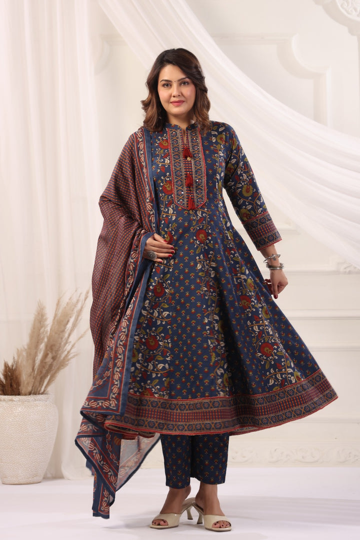 Jayashree Blue Cotton Anarkali Suit Set For Women