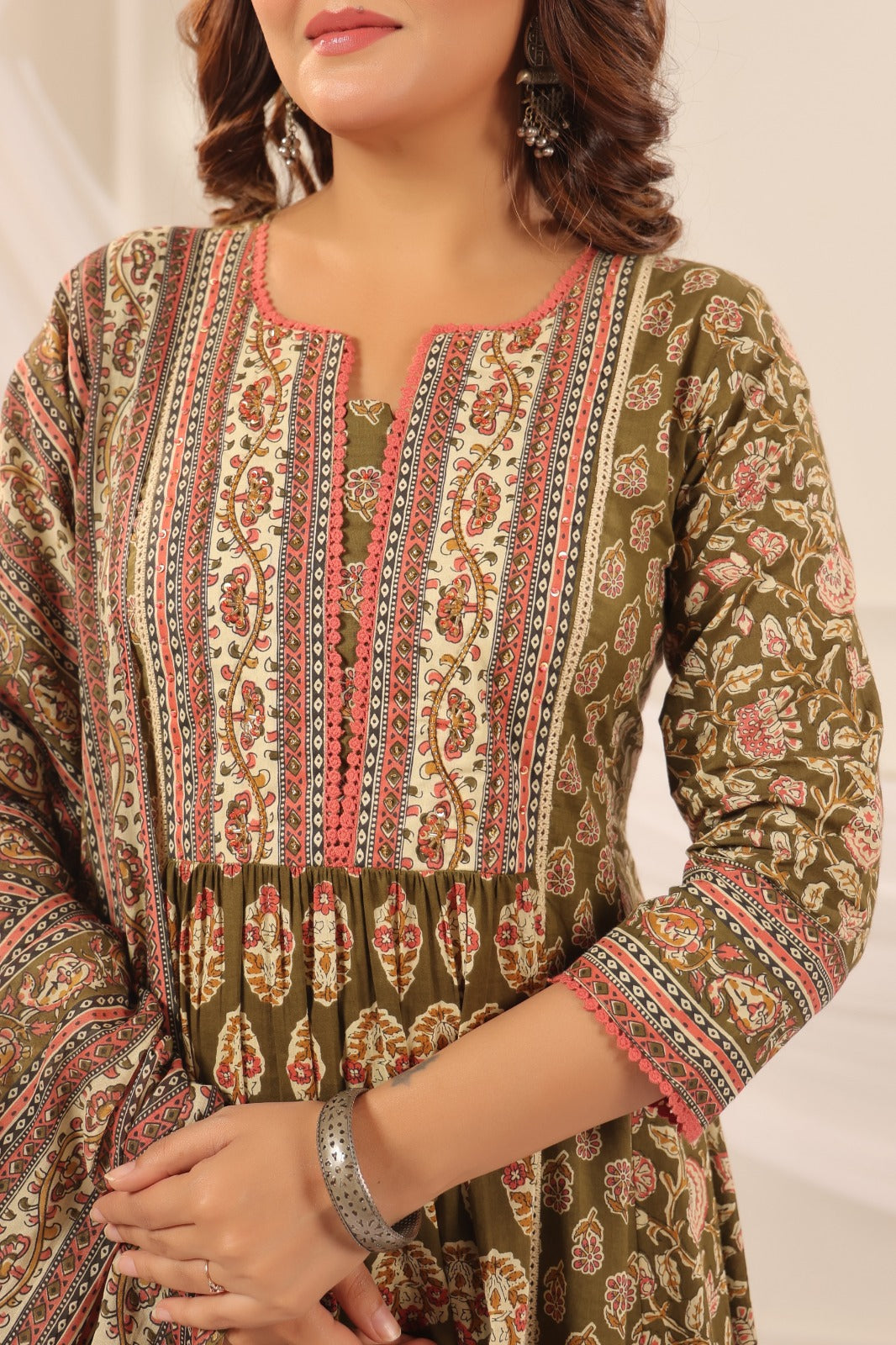 Rajeshwari Mehendi Colour Cotton Anarkali Suit Set For Women