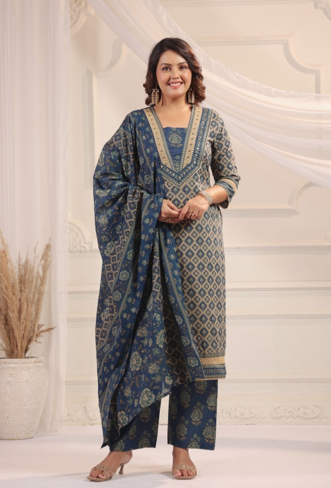 Bhanu Blue Cotton Straight Salwar Suit Set For Women