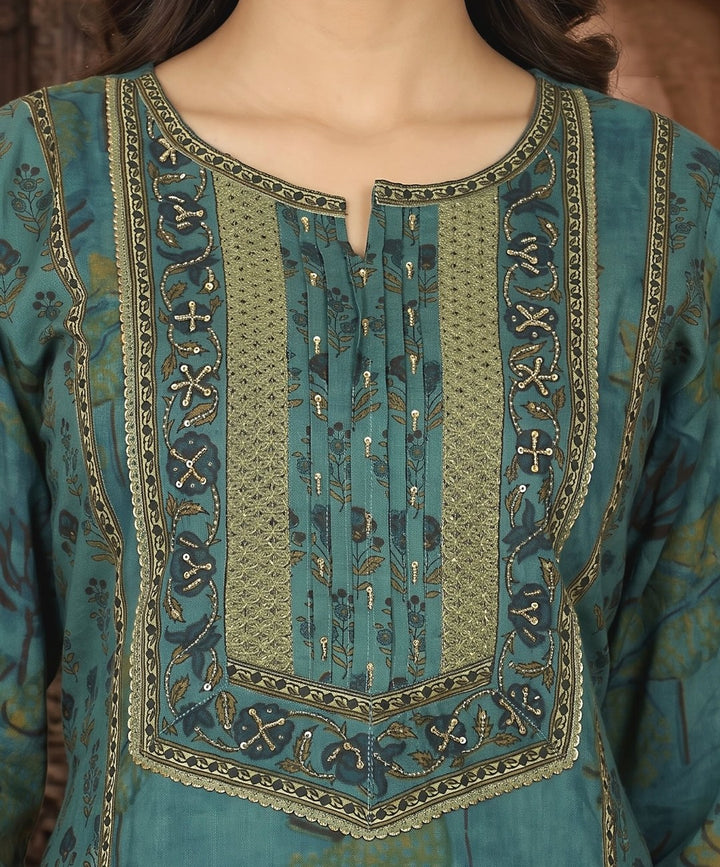 Sarika Teal Blue Cotton Straight Salwar Suit Set For Women