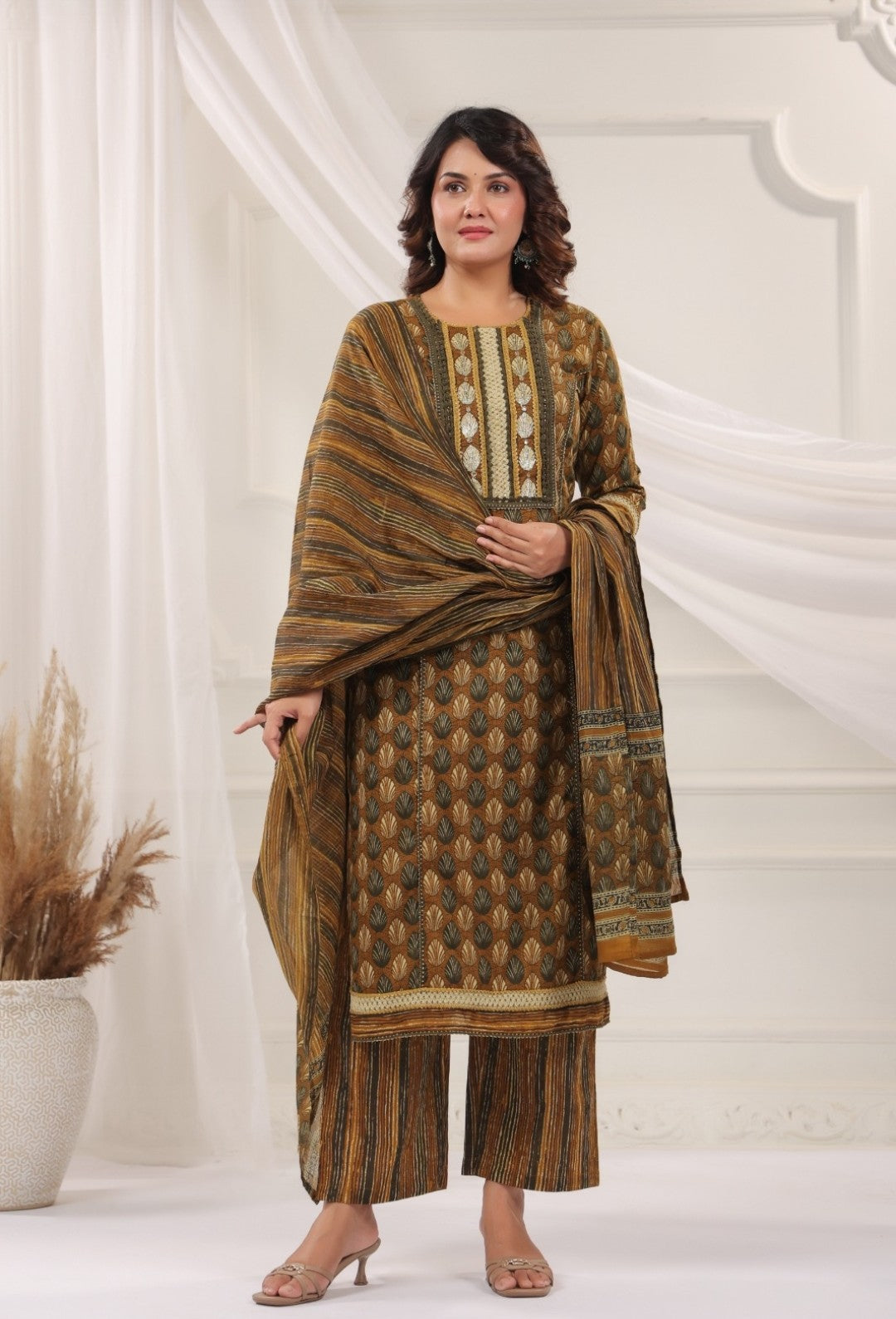 Rajeshwari Brown Cotton Straight Salwar Suit Set For Women